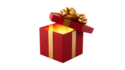 Obraz premium A photorealistic red gift box, slightly open, with a golden light glowing from within, topped with a simple gold ribbon bow. Magical and mysterious, studio lighting, isolated on white background.