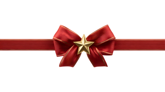 A photorealistic red ribbon, tied in a neat, symmetrical bow, with a single golden star attached to its center. Clean and classic, isolated on white background.