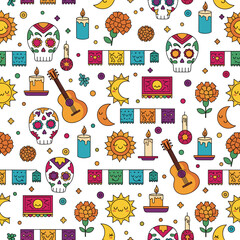 Colorful Día de los Muertos Seamless Pattern. Festive Mexican Day of the Dead background with sugar skulls, marigolds, and papel picado.
