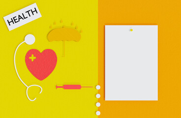 Paper craft health concept with a heart, stethoscope, umbrella, syringe, pills, and blank paper on a dual-tone yellow and orange background. 3d render.