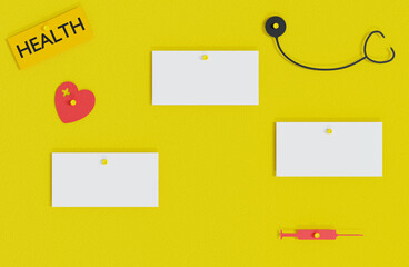A vibrant yellow background with health and medical elements: a stethoscope, heart shape, syringe, a "HEALTH" tag, and three blank white cards for notes, pinned to the board. 3d render.