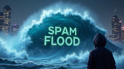 A young male in a hoodie stands before a massive digital wave labeled 'SPAM FLOOD', contrasting technology and nature in a cityscape.