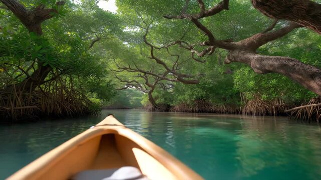 A retired couple kayaks through a mangrove forest, with tangled roots, darting fish, and herons perched above, rendered in a lush photo with water reflections, leaf patterns, and tropical