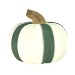 A 3D stylized white pumpkin with dark green vertical stripes and a tan stem.