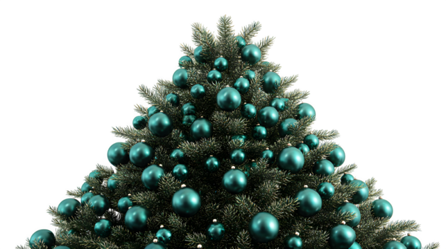 A professional studio shot of a perfectly conical Christmas tree, symmetrical, adorned with uniformly spaced matte emerald green baubles. Polished, high-end, isolated on white background.