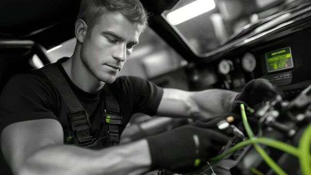 A street racer fine-tunes a nitrous system in a backyard shed with hoses connecting, gauges flickering, scattered wrenches on a workbench, and a radio playing rock anthems, depicted in a intricate