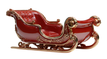 A realistic 3D render of Santa's sleigh, empty and polished, viewed from the front. Detailed and majestic, isolated on white background.