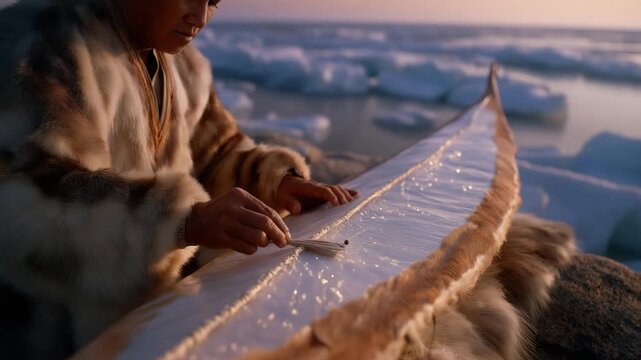 An Inuit elder, their hands steady, repairs a sealskin kayak, its surface taut. A bone needle, its tip sharp, stitches the seams. A fur mat, its fibers matted, cushions the ground. A frozen shore,