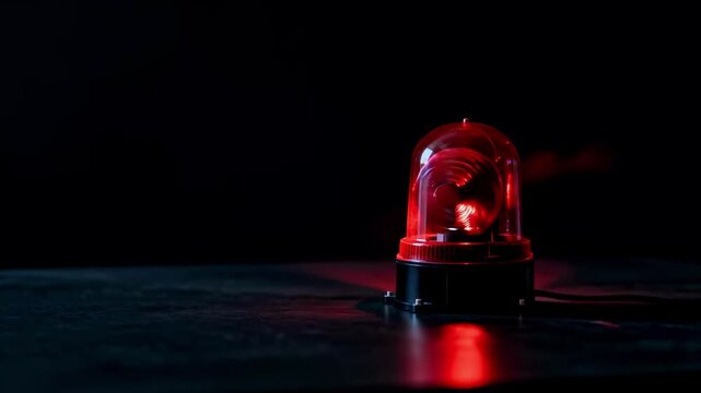 A red emergency warning light flashing and rotating. A spinning siren alarm beacon against a dark background. Danger and alert signal concept with copy space