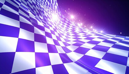 Wavy checkered flag sweeps across a cosmic background with sparkling lights