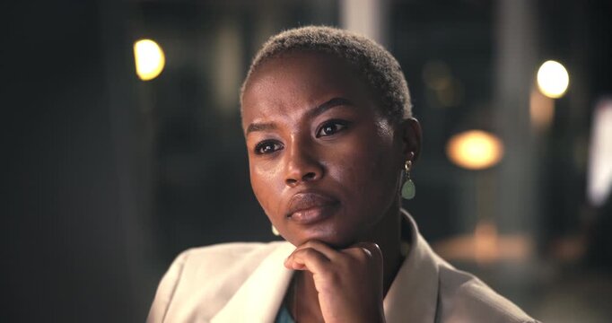 Reading, night or woman in office with desktop, fact checking or approval of research report. Bokeh, information or employee in workplace with tech, solution and review of online paper in overtime.