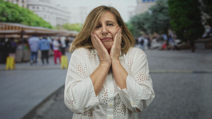 Fototapeta premium Woman pressing both cheeks in front of colorful outdoor souvenir stalls at a busy street market; toothache discomfort.