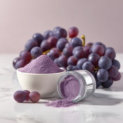 fine purple grape extract powder elegantly presented in a white ceramic bowl with soft reflections, surrounded by fresh purple grapes and a small transparent glass jar with metallic