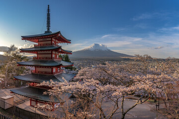 Fototapeta premium Fujiyoshida, Japan Beautiful view of mountain Fuji and Chureito pagoda 
