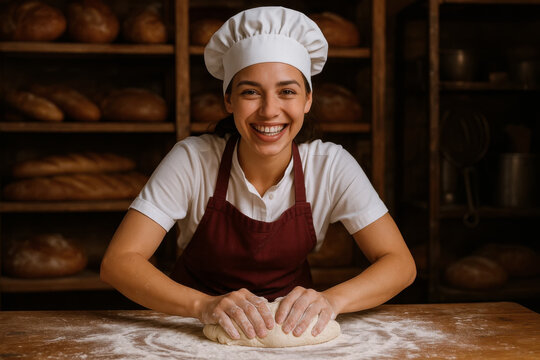 Smiling baker kneading dough in a bakery, preparing fresh bread