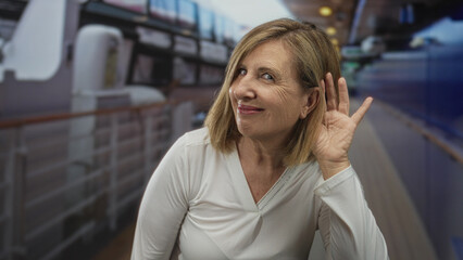 Woman cupping ear and smiling beside white railing on cruise deck with cabin windows behind; curiosity.
