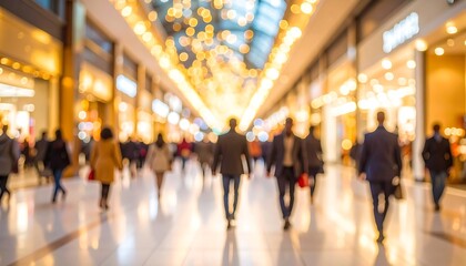 Fototapeta premium Blurred view of shoppers in a bright mall with glowing lights, suggesting holiday shopping or a busy retail space