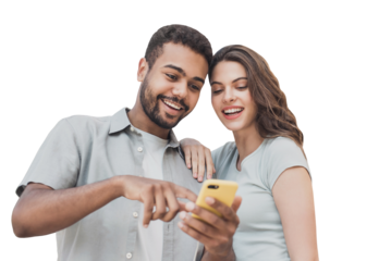 Beautiful happy young couple using smartphone isolated transparent PNG, Joyful smiling woman and man looking at mobile phone. Love, travel, tourism, students lifestyle concept