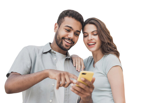 Beautiful happy young couple using smartphone isolated transparent PNG, Joyful smiling woman and man looking at mobile phone. Love, travel, tourism, students lifestyle concept - Powered by Adobe