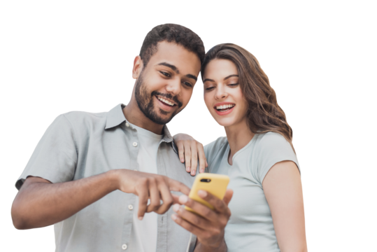 Beautiful happy young couple using smartphone isolated transparent PNG, Joyful smiling woman and man looking at mobile phone. Love, travel, tourism, students lifestyle concept - Powered by Adobe