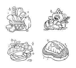 Collection of hand-drawn food doodles. Black and white vector illustration set for menu or coloring.