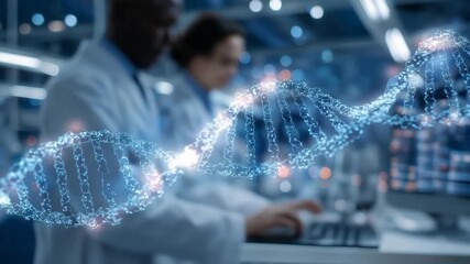 Futuristic laboratory with scientists in sleek coats analyzing holographic DNA strands under neon lights, highlighting AI-powered genetic research, advanced biotech innovation, and futuristic - Powered by Adobe