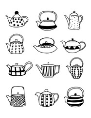 Hand-drawn doodle teapot and kettle collection. Vector illustration icon set on white background.