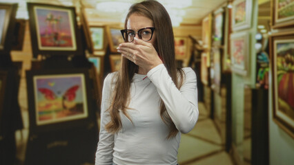 Woman covers eyes with hand and palm to face in art gallery building while standing near framed...