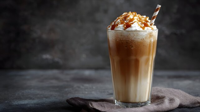 Refreshing iced caramel coffee beverage in a tall glass crowned with whipped cream and a rich caramel drizzle served with a striped straw