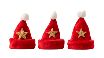 A row of three red Santa hats, each artfully arranged with a different type of golden star (5-point, 6-point, 8-point). Festive still life, clean composition, isolated on white background.