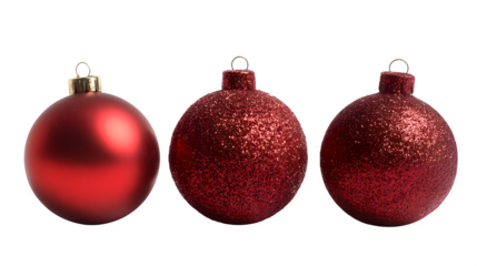 A row of three red Christmas balls, each with a different finish one glossy, one matte, one glittery. Product photography style, isolated on white background.