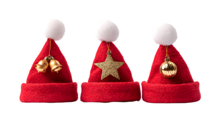 A row of three red Santa hats, each artfully arranged with a different type of golden ornament (star, ball, bell). Festive still life, clean composition, isolated on white background.