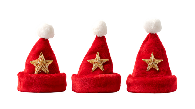 A row of three red Santa hats, each artfully arranged with a different type of golden star (5-point, 6-point, 8-point). Festive still life, clean composition, isolated on white background.