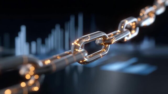 Glowing blockchain network with cryptocurrency nodes connected by neon digital chains, surrounded by floating charts and analytics, symbolizing secure transactions, distributed ledger technology,