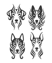 Tribal dog head tattoo set vector illustration. Collection of canine mascots or logos in black.