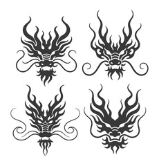 Set of black tribal dragon head tattoos. Vector illustration of mythical creature faces for emblem.