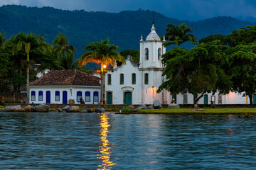 Historical center of Paraty at night, Rio de Janeiro, Brazil. Paraty is a preserved Portuguese colonial and Brazilian Imperial municipality