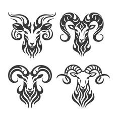 Tribal ram head vector set. Aries zodiac sign symbol, goat mascot logo, or tattoo design collection.