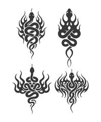 Tribal snake tattoo design set. Vector illustration of serpents with flames isolated on white.