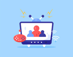 Multiplayer game concept. Playing multiplayer online. Illustration of a tube television, controller, network symbol, and group symbol. Flat style design. Blue background.
