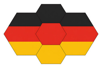 Geometric pattern with black, red, and yellow hexagons arranged in a flag-like design.
