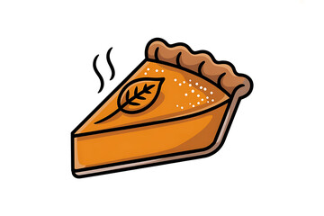 Warm pumpkin pie slice with a decorative leaf, emitting steam, evokes autumnal flavors and comfort.