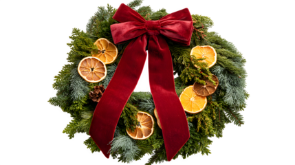 A rustic wreath of cedar and pine, decorated with dried orange slices and a single, large red velvet bow. Farmhouse aesthetic, warm, soft lighting, isolated on white background.