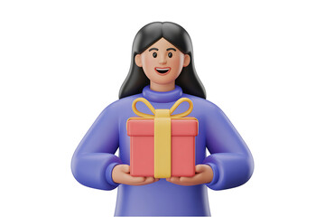 Smiling figure holds a wrapped gift, conveying joy and celebration, a moment of giving.
