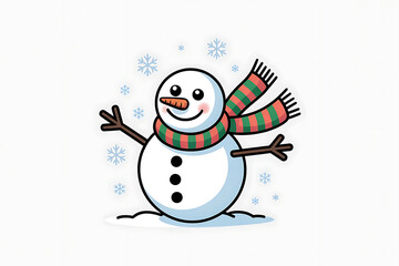 A cheerful snowman with a colorful scarf and hat stands in a snowy landscape.