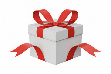 A white gift box adorned with a vibrant red ribbon, symbolizing celebration and thoughtful giving.