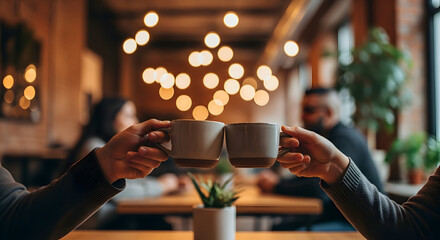 Couple Clinking Coffee Mugs in a Cozy Cafe