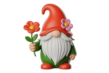 Charming garden gnome with a red hat, holding a bright flower, whimsical decoration.