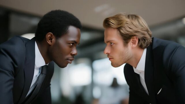 Political representatives in formal suits leaning forward during tense negotiations, symbolizing leadership, persuasion, and the intensity of political dialogue shaping international policy.