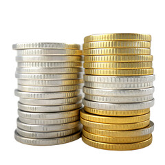 Stacks of gold and silver coins isolated on white, symbolizing wealth and prosperity.